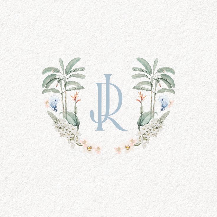 the letter r is surrounded by flowers and leaves