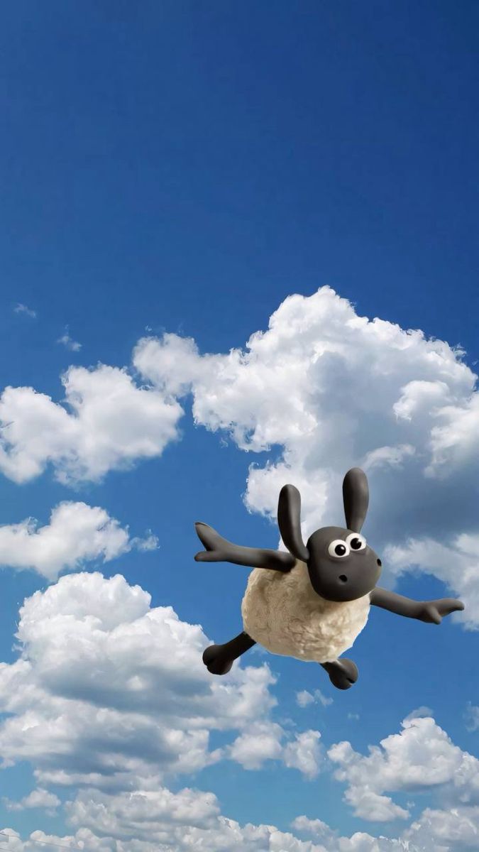 a sheep is flying through the air with clouds in the sky behind it and an animal on its back