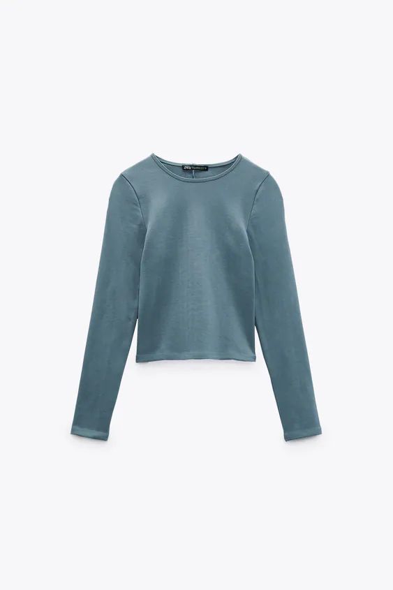 SEAMLESS CUT OUT TOP - Blue | ZARA United States Ribbed Long Sleeve T-shirt For Fall, Fitted Ribbed Long Sleeve T-shirt, Casual Ribbed Long Sleeve Tops, Fitted Long Sleeve Ribbed T-shirt, Casual Long Sleeve Ribbed Tops, Solid Color Ribbed Long Sleeve T-shirt, Solid Ribbed Long Sleeve T-shirt, Long Sleeve Solid Ribbed T-shirt, Trendy Solid Color Long Sleeve Crew Neck Top