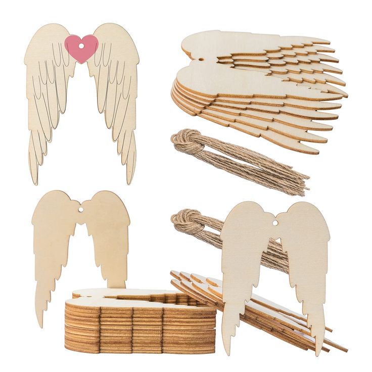 wooden angel wings and sticks with heart cutouts on white background, set of 5