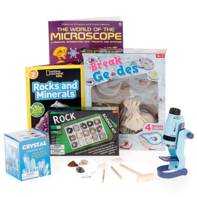 the contents of a science kit including rocks, rocks and minerals are shown in this image