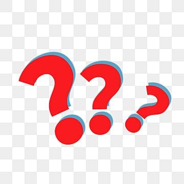 red question marks on a white background, with blue and red shapes in the middle