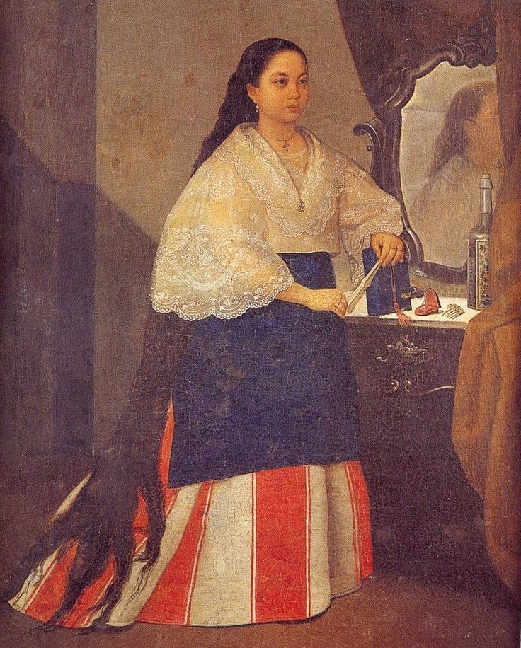 a painting of a woman in an american flag skirt holding a knife and looking at the mirror