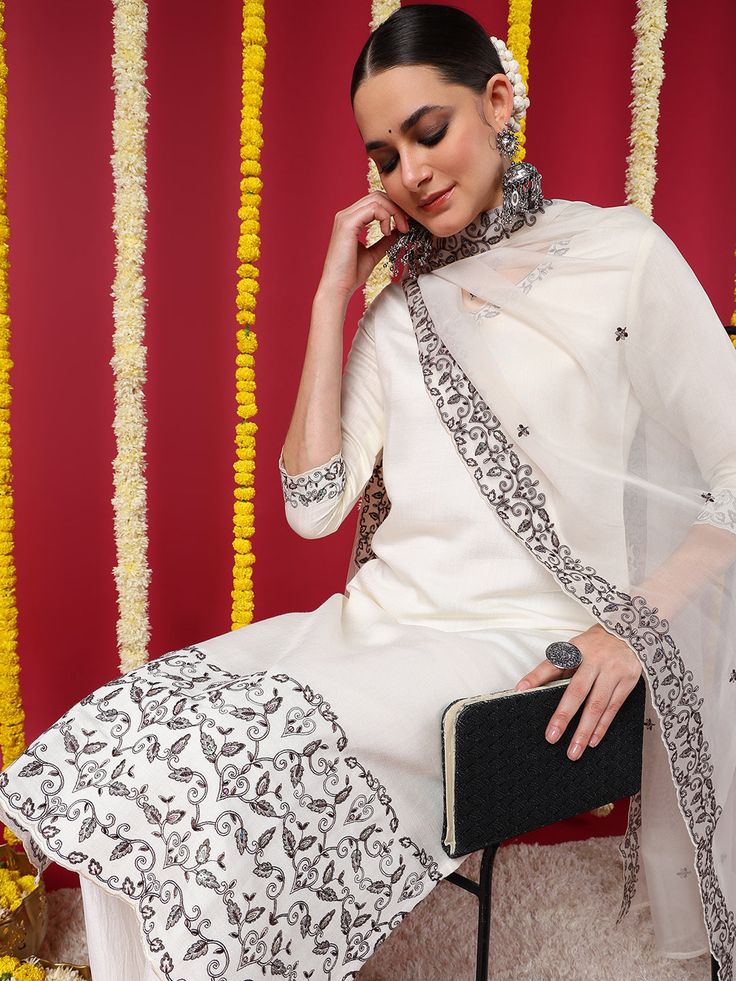 Here Is The Fancy Kurti Sets By Ahika. Ideal For Parties And Festivals. Our Kurti Sets Are Made And Stitched Using High Grade Fabrics And Yarns Under The Strict Surveillance Of Our Well-Versed Executives. We Are Offering Our Products At Most Reasonable Prices. Top Details :- Length :46 Inch Shape :Straight Fabric :Silk Blend Color :Off White Work/Pattern :Solid Neck Line :V-Neck Bottom Details :- Length :37 Inch Color :Off White Style :Pant Fabric :Silk Blend Closure :Drawstring Dupatta Details :- Dupatta Length :2.25 Mtr Dupatta (Print/Pattern/Work) :Embroidered Dupatta Color :Off White Dupatta Fabric :Organza Pack Contains :1 Kurta || 1 Pant || 1 Dupatta Wash Care :Handwash White Dupatta, Kurti Sets, Straight Suit, Kurta Pant Set, Style Pant, Fancy Kurti, Work Pattern, Embroidered Dupatta, Straight Kurta