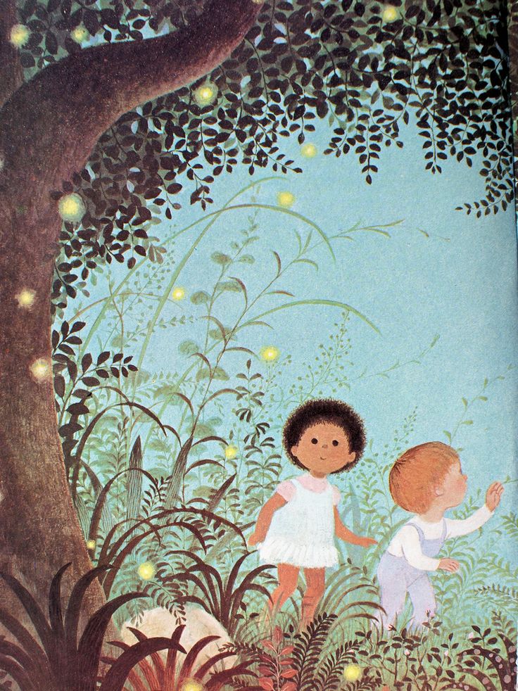 two children are standing in the woods with fireflies