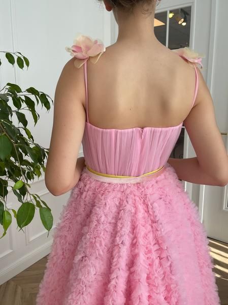 Rose Amelia Dreamy Gown | Teuta Matoshi Teuta Matoshi, Dreamy Gowns, Velvet Belt, Cotton Polyester Fabric, Yellow Ribbon, Pink Tulle, Tulle Fabric, Pink Velvet, A Train