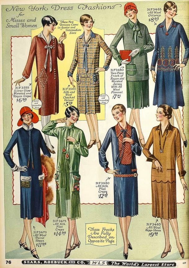 A page from the 1926 Sears, Roebuck & Co. catalog, full of flapper-inspired fashions. Via ArtDecoBlog.blogspot.com Agua Florida, 20’s Fashion, 1920 Style, Style Année 20, 1920s Fashion Women, Modern Millie, 1920s Women, 20s Dresses, 1920s Dresses