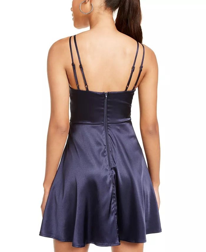 Approx. 34" long from center back neck to hem. Length is based on size 7 and varies 5/8" between sizes|Square neckline; Fit & flare silhouette|Hidden back zipper|Molded cups|Satin finish A-line Dress With Corset Back For Night Out, A-line Dress With Back Zipper For Date Night, Square Neck Prom Dress With Corset Back, Square Neck Prom Dress With Lined Bodice, Prom Dress With Square Neck And Corset Back, Fitted A-line Mini Dress For Prom Season, Square Neck Dresses With Corset Back For Prom, Prom Season Dresses With Corset Back And Square Neck, Sweetheart Neckline Mini Dress, Fit And Flare