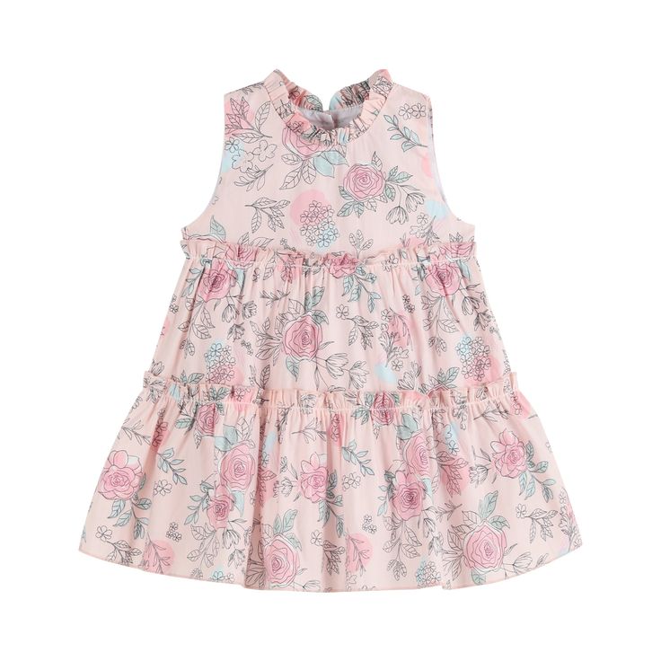 Your sweet girl will be ready for a day of fun and frolic in this sweet-tiered dress! Made in a precious pink rose print, this darling dress features a ruffle neckline and lots of twirl-worthy tiers - perfect for little girls who love to show off their style. This eye-catching will ensure she'll be the star of the show! Cute Ruffled Tiered Dress For Garden Party, Cute Tiered Dress For Garden Party, Cute Spring Tiered Dress For Garden Party, Cute Tiered Dress For Spring Garden Party, Playful Sleeveless Ruffle Dress For Spring, Pink Tiered Dress For Garden Party, Pink Dresses With Ruffled Collar For Spring, Playful Ruffled Floral Dress For Spring, Spring Pink Tiered Dress For Garden Party