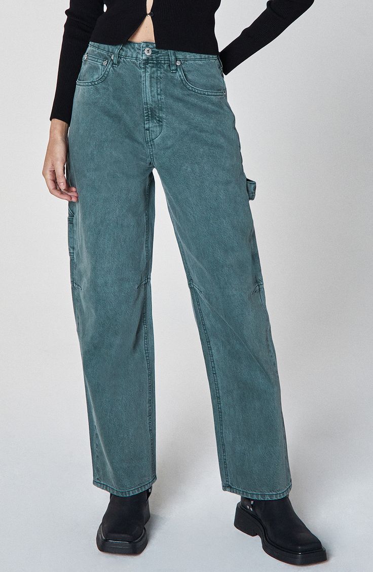 Carpenter pockets and a hammer loop lend bold workwear edge to these cargo-style jeans boasting a unique hue and relaxed, high-waisted silhouette. 29" inseam; 18" leg opening; 12 1/2" front rise; 15 1/2" back rise Zip fly with button closure Five-pocket style; hammer loop; back utility patch pockets 100% cotton Machine wash, line dry Imported Urban Cargo Pants With Five Pockets For Fall, High Rise Cargo Pants With Patch Pockets For Fall, Urban Cargo Jeans For Fall Workwear, Urban High Rise Relaxed Fit Cargo Jeans, High Rise Utility Cargo Pants For Fall, Denim Blue Cargo Pants With Tapered Leg, Tapered Leg Denim Blue Cargo Pants, Utility Cargo Jeans With Five Pockets For Fall, Relaxed Fit Cargo Jeans For Workwear With Belt Loops