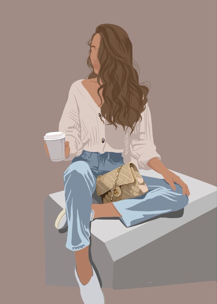 a painting of a woman sitting on a bench holding a coffee cup