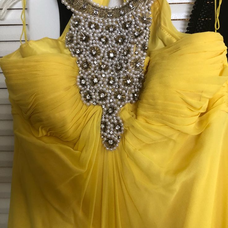 Additional Pictures And Measurements Available Upon Request. Yellow Embellished Silk Dress, Elegant Yellow Embellished Evening Dress, Elegant Embellished Yellow Dress, Elegant Yellow Embellished Dress, Glamorous Yellow Formal Dress, Yellow Long Dress, Yellow Dress, Yellow, Womens Dresses