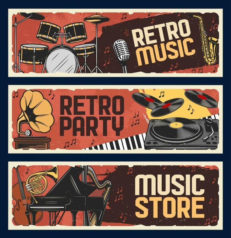 two retro music banners with musical instruments