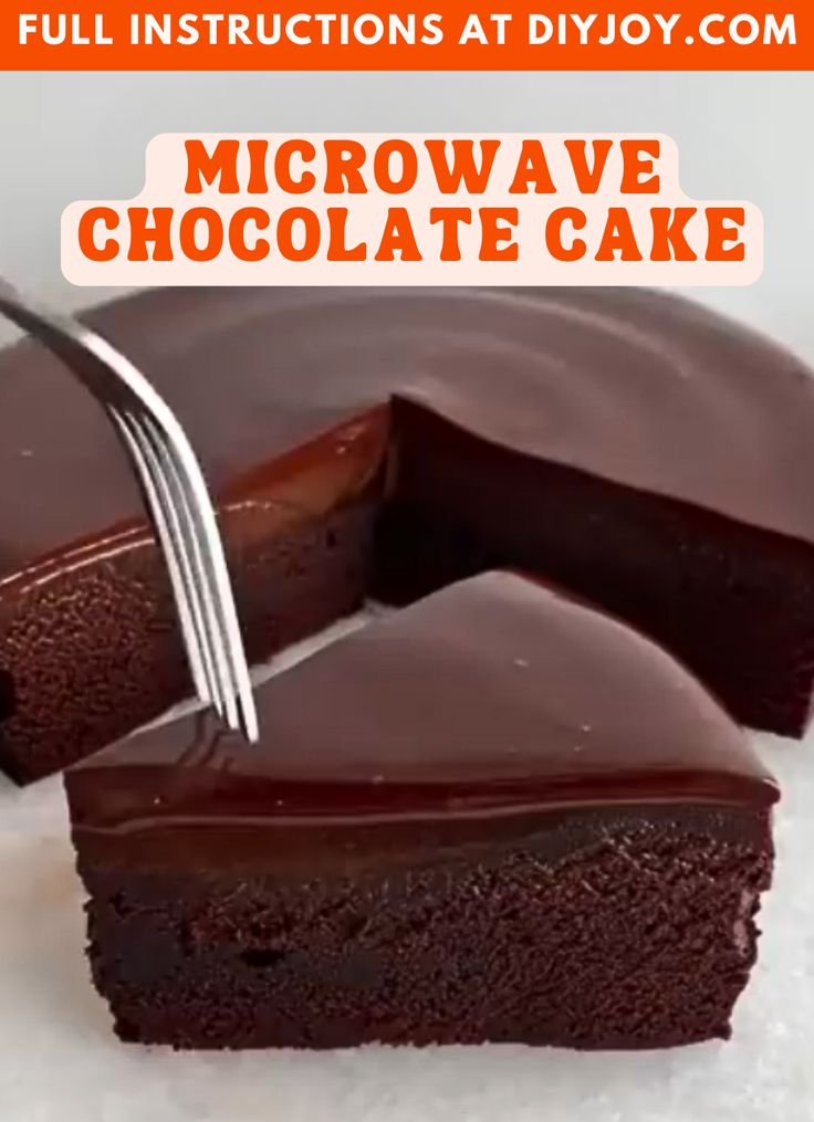 a piece of chocolate cake with a fork stuck in it and the words microwave chocolate cake