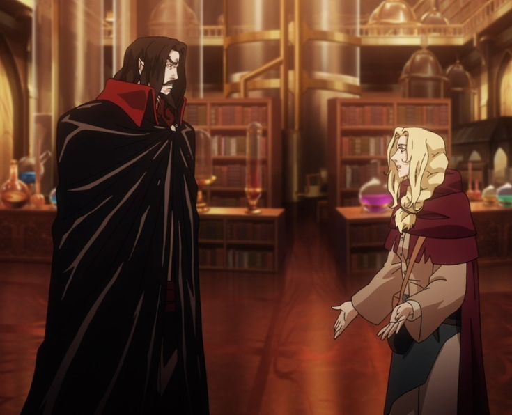 two people standing in front of bookshelves looking at each other and one is wearing a cape