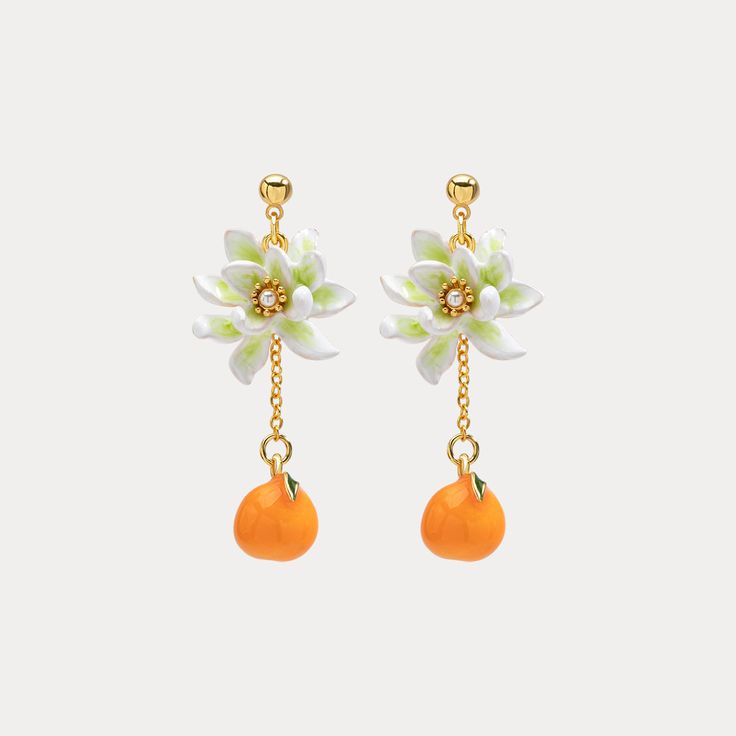 Orange Flower Stud Earrings are a fancy earring design among nature jewelry. They have enamel paint flowers and orange pendants, connected by 18k gold chain. These fruit and flower earrings come from Selenichast jewelry store. Citrus Jewelry, Mermaid Pendant Necklace, Gift Wishlist, Cat Pendant Necklace, Mermaid Pendant, Simple Gift Wrapping, Fruit Jewelry, 18k Gold Chain, Sweet Citrus