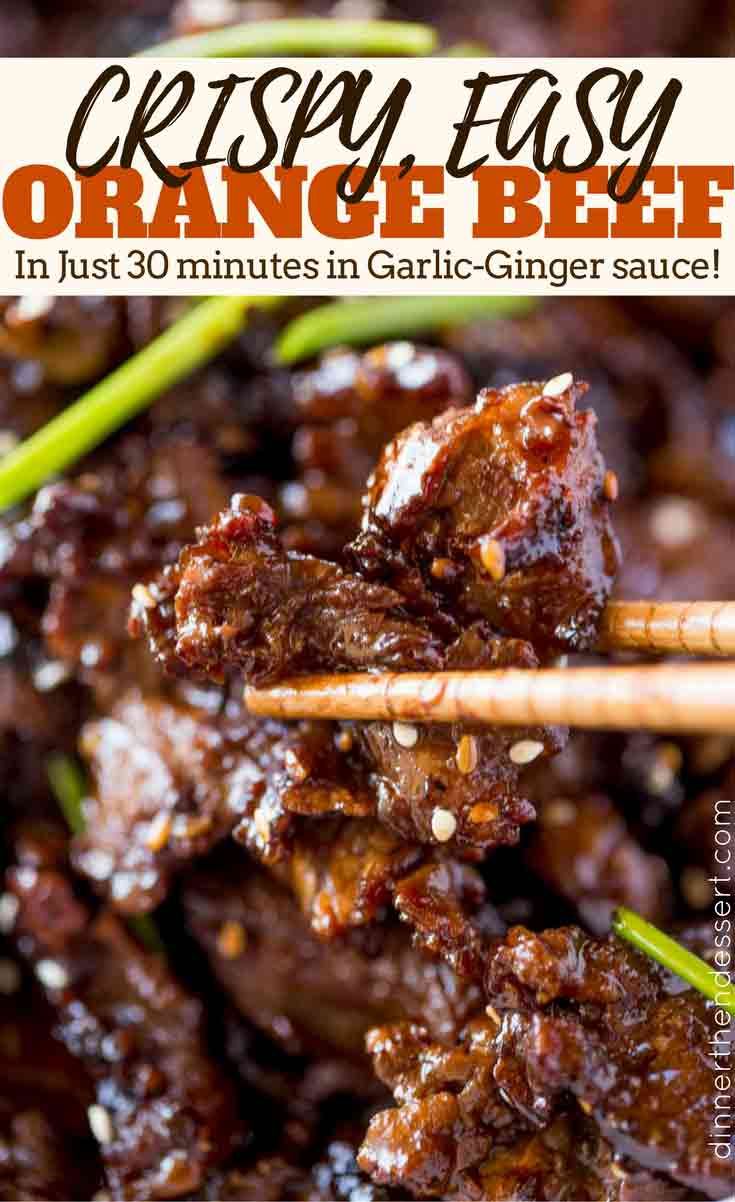 an image of orange beef with chopsticks in it and text overlay that reads crispy easy orange beef