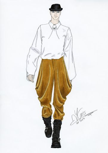 a drawing of a man in a white shirt and brown pants