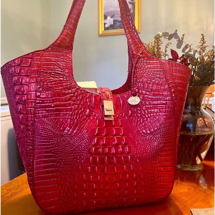 Brand New, Reddish Color “Satchel Style” Brahmin Lg Size $275 Luxury Large Capacity Red Shoulder Bag, Red Tote Shoulder Bag With Palladium Hardware, Red Tote Bag With Palladium Hardware, Red Satchel Bag With Palladium Hardware, Red Satchel Shoulder Bag With Palladium Hardware, Red Shopping Bags With Palladium Hardware, Brahmin Bags, Brahmin Handbags, Pretty Bags