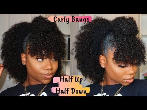 Pin on All Natural Half Up Half Down With Clip Curly Hair, Short Natural Hairstyles With Bangs, Half Up Natural Hairstyles, Half Braided Crochet Hairstyles, Crochet Braid Styles With Bangs, Faux Bangs Natural Hair, Natural Hairstyles For Black Women With Bangs, Half Up Half Down Curly Clip Ins, Curly Half Up Half Down With Bangs