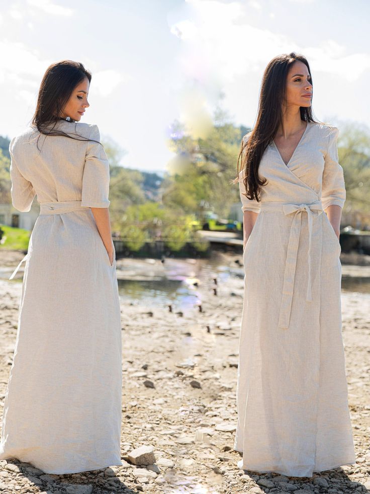 "💟 Romantic Linen wrap Dress. Feel the lightness and extravaganza with this design. Your new dress mode is comfortable and emphasizes your silhouette. Wear in everyday life and for formal occasions. Dress is perfect for your Dream Wedding. The linen is pre-washed and will not change its shape. 💌 Please keep the garment hand-washed and naturally dry. 💟 For more Linen Dresses, click here https://www.etsy.com/uk/shop/BGRAtelier?ref=simple-shop-header-name&listing_id=undefined&section_id=33687819 Summer Wedding V-neck Floor-length Dress, Summer Wedding Floor-length V-neck Dress, Beige V-neck Maxi Dress For Wedding, Elegant White Wrap Maxi Dress, Fitted Long Wrap Dress For Spring, Beige Maxi Bridesmaid Dress, Spring Wedding Maxi V-neck Dress, Spring Floor-length Cream Dress, Spring Wedding V-neck Dress With Surplice Neckline