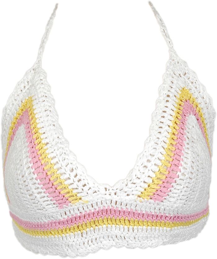 A crochet bohemian sleeveless bralette top in white base and yellow and pink pixie shades A great one to pair with bohemian style bottoms that reflect free and happy vibes. This sleeveless top has a scooped v neckline, a tie on the top for the neck and another tie for the back. #tlb #Sleeveless #CrochetClothing #beachwrap #WhiteBraTop White Bohemian Halter Top For Beach, Pink Beachwear Crop Top For Spring, White Triangle Top Tank For Spring, White Triangle Top Tank Top For Spring, Trendy Fitted White Crochet Top, Trendy White Fitted Crochet Top, Pink Crochet Beachwear Top For Summer, Pink Crochet Top For Summer Beachwear, Pink Summer Beachwear Crochet Top