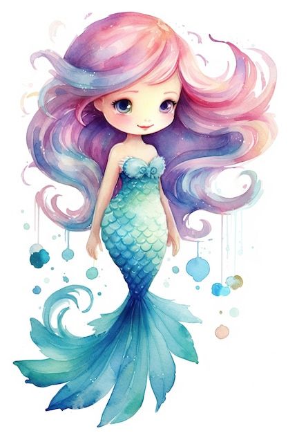 a watercolor drawing of a mermaid with pink hair