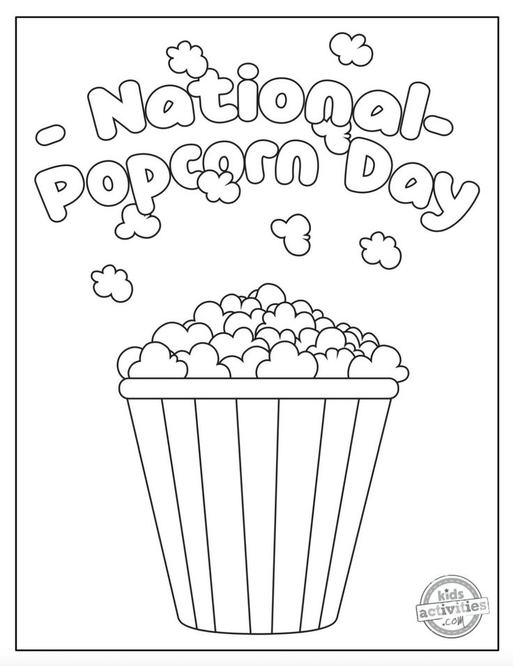 the national popcorn day coloring page is shown in black and white, with an image of a