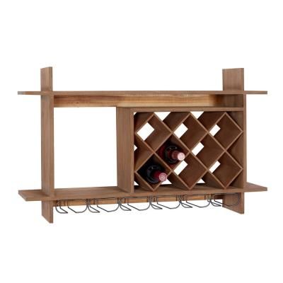 a wooden wine rack with several bottles on it