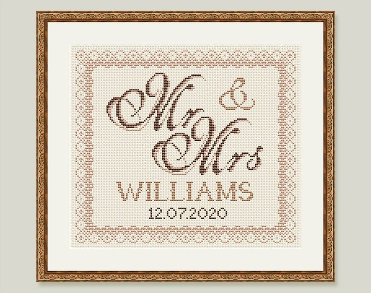 a cross stitch pattern with the words mr and mrs williams in brown on white background