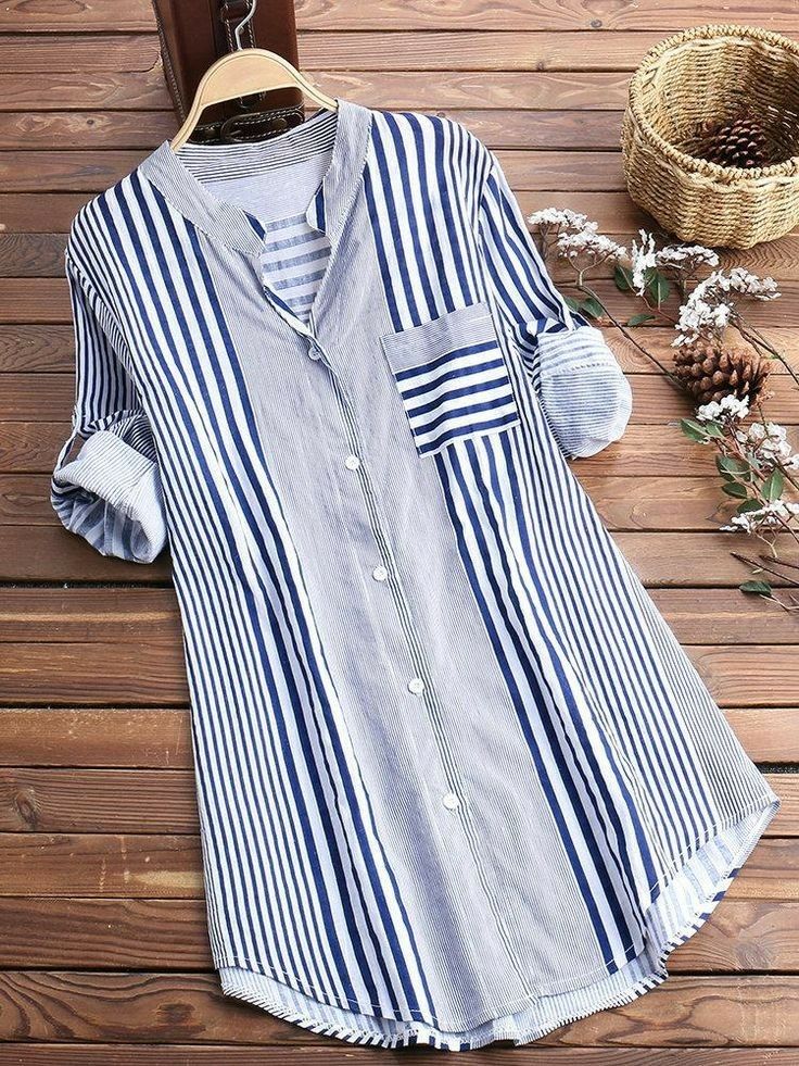 Casual Blouses, Mode Kimono, Kurti Designs Party Wear, Trendy Fashion Tops, Irregular Hem, Fashion Attire, Stylish Dress Designs, Casual Stripes, Kurta Designs