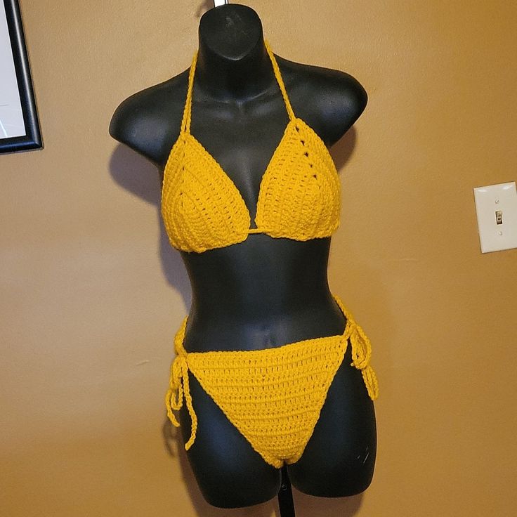 Beautiful 1-Of-A-Kind Mustard Yellow Crocheted Bikini. Made From 100% Acrylic Yarn. I Love It, I Love It, I Love It!! Fitted Crochet Swimwear, Crochet Swimwear For Swimming, Fitted Crochet Swimwear For Swimming, Handmade Fitted Swimwear For Poolside, Fitted Crochet Swimwear For Vacation, Fitted Crochet Swimwear With Triangle Top, Fitted Crochet Triangle Top Swimwear, Handmade Fitted Swimwear For Beach Party, Crochet Yellow