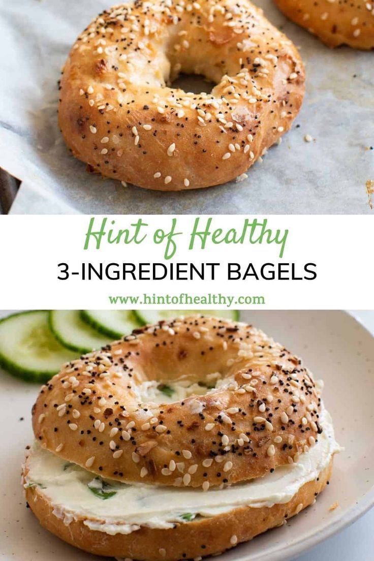 two bagels with cream cheese and sesame seeds on them are shown in three different images