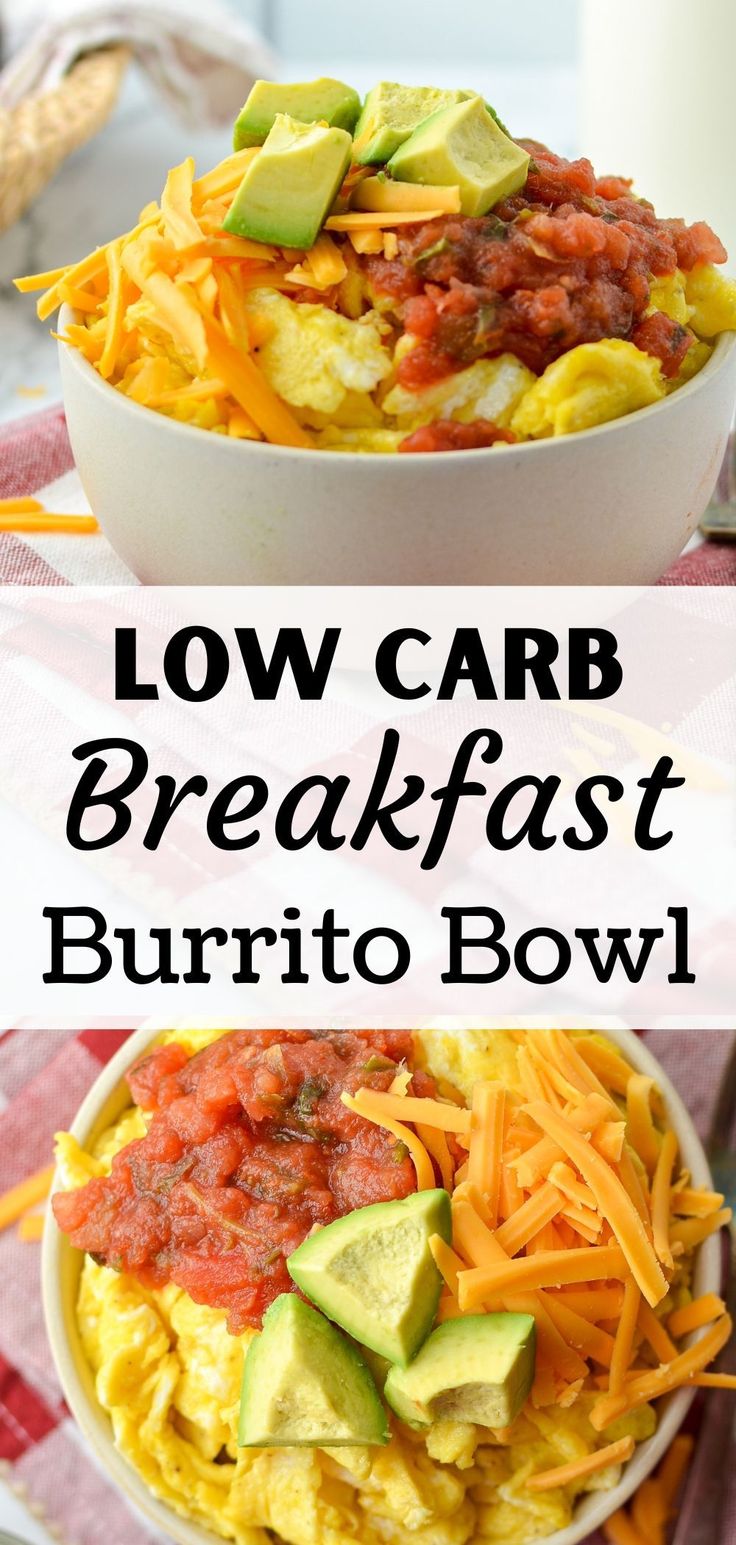 low carb breakfast burrito bowl with avocado and cheese