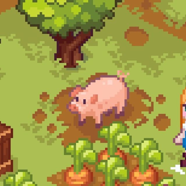 the pixel art shows a pig and a girl in front of some trees, grass and rocks