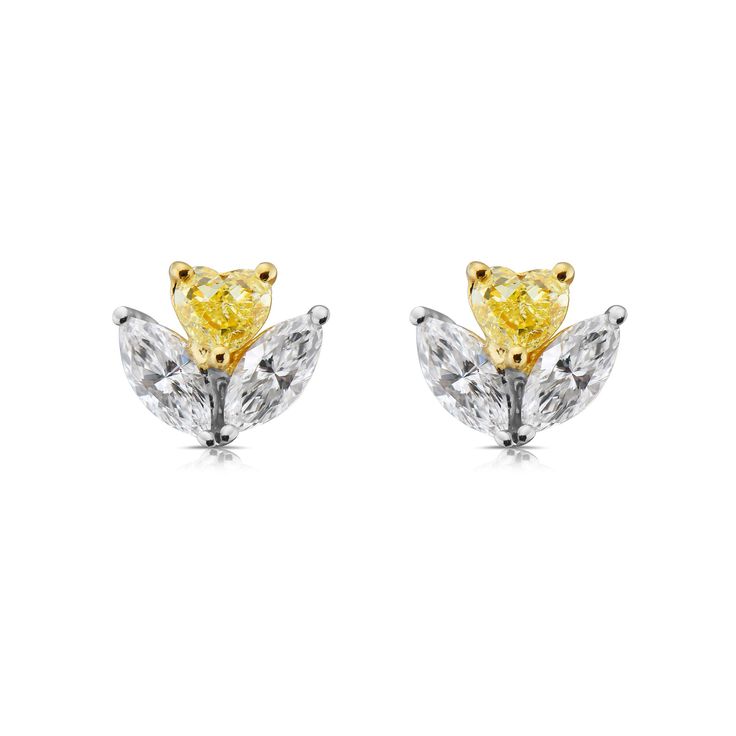 Delicate and fun earrings with a yellow diamond Heart sitting on two Marquise diamonds Fancy Yellow and FG VS quality 18kt Gold Marquise Diamond Earrings, Jewelry Illustration, Yellow Heart, Heart Shaped Diamond, Fancy Diamonds, Marquise Diamond, Cluster Earrings, Everyday Earrings, Yellow Diamond