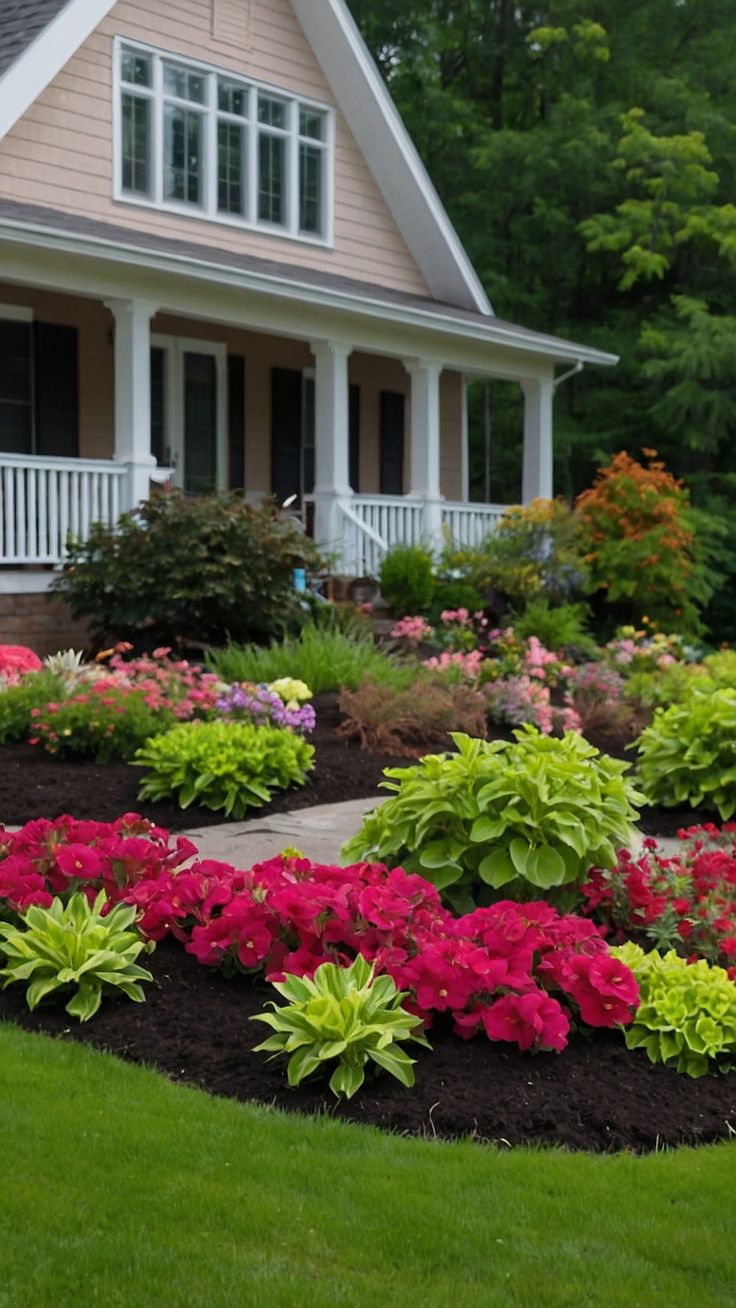 a flower bed in front of a house