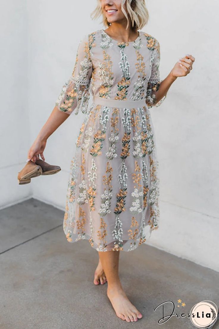 Sleeveless Bloom Embroidered Dress Wisteria Flower, Contrast Embroidery, Mother Dresses, Floral Wrap Maxi Dress, Long Skirt Fashion, Round Neck Casual Dress, Fashion Diva, Flower Skirt, Floral Embroidered Dress