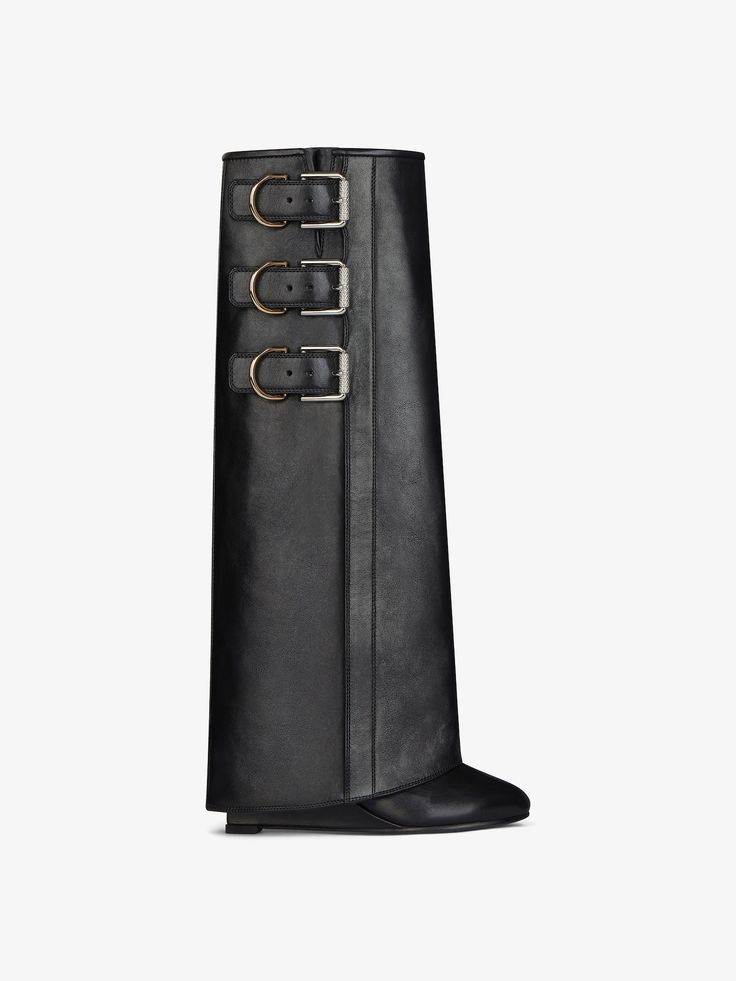 Shark Lock Buckles boots in leather | Givenchy US | Givenchy Givenchy Boots, Almond Toe Boots, Engraved Metal, Metal Engraving, Buckle Boots, Toe Boots, Boot Bag, Bag Dress, Fall 2024