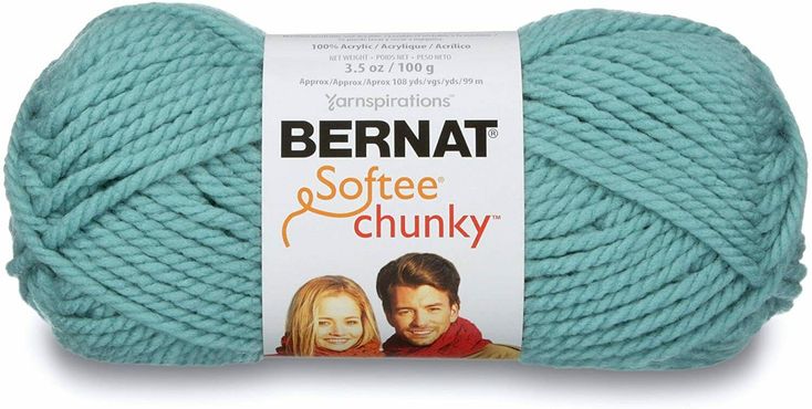 bernat softee chunk yarn ball in aqua blue, with the label on it