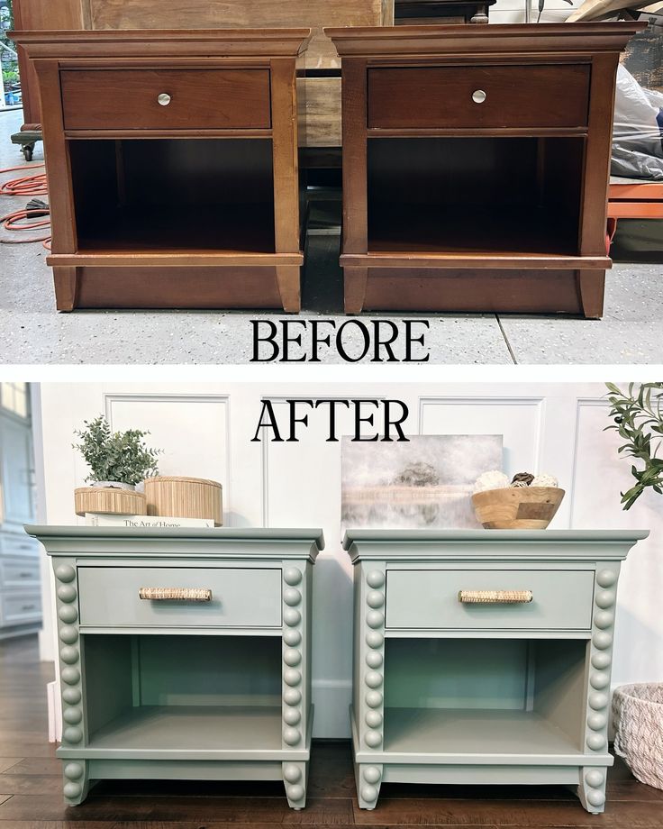 before and after photos of an old dresser turned into a side table with paint on it