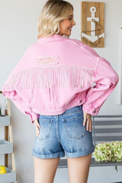 This fringe distressed button-up denim jacket is a statement-making piece for your wardrobe. The fringe detailing adds a bohemian touch, while the distressed finish brings a worn-in, vintage vibe. The button-up front adds a touch of utility style and allows for multiple styling options. Pair it with jeans or a skirt for a trendy and edgy look, or throw it over a dress for a contrasting mix of feminine and rugged style. This denim jacket is a must-have for adding a unique and eye-catching element Scarf Coverup, Rebecca Black, Utility Style, Kids Scarf, Rugged Style, Frayed Denim, The Fringe, Distressed Denim Jacket, Vintage Vibe