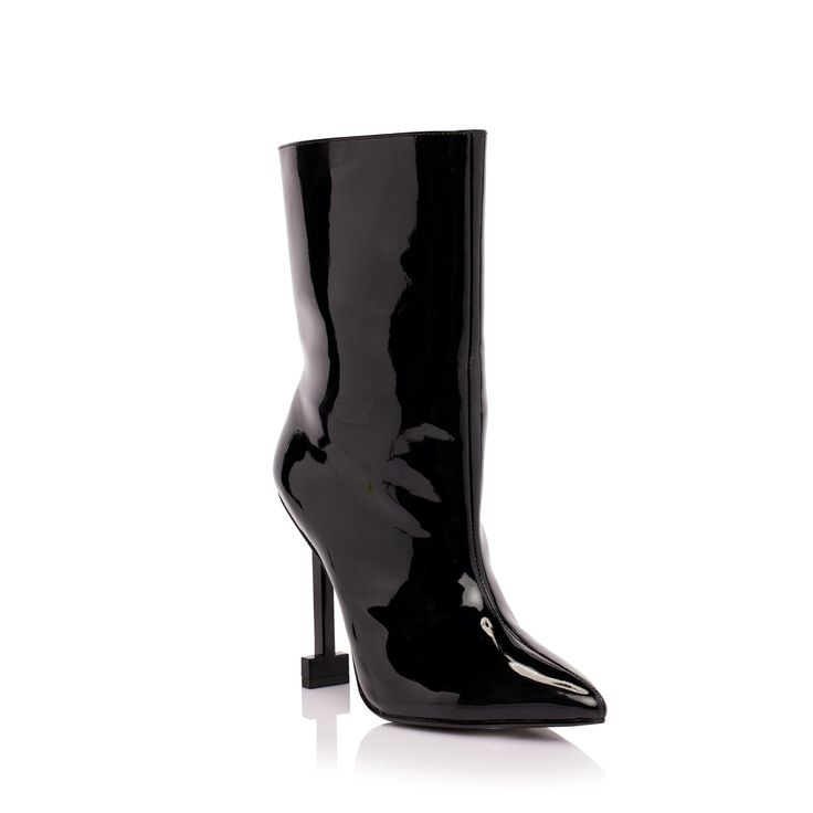 BOOTIE 100 MM | NOIR Elegant Glossy Evening Boots, High Cut Heeled Boots For Fall Party, Chic High Cut Heeled Boots For Party, Chic High-cut Heeled Boots For Party, Sleek Glossy Boots For Evening, Trendy High Cut Heeled Boots For Party, Trendy Formal Boots With 4-inch Heel, Trendy High-cut Party Heeled Boots, Trendy Boots With 4-inch Heel For Formal Occasions