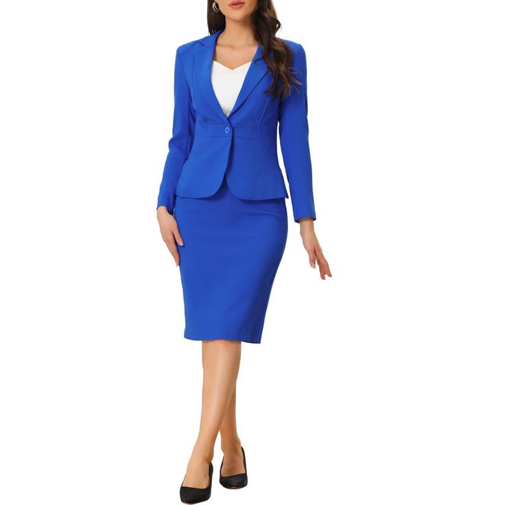 A neutral suit set is essential in every ambitious woman's office wardrobe. The 2 pieces set is tailored for an impeccable fit in fine woven. Designed with a split hem and pencil style, the suit skirt is smart and flattering. Pencil Skirt gives shape to the body and helps enhance your figure. Falling just at the knee, this skirt can be paired with a tucked-in blouse and high heels for a polished office look. Professional Tailored Sets For Office, Tailored Professional Office Sets, Professional Single Breasted Skirt Suit For Office, Professional Single Breasted Skirt Suit, Professional Single-breasted Skirt Suit For Office, Fitted Notch Lapel Office Lady Sets, Notch Lapel Business Casual Suits For Office Ladies, Single Breasted Office Skirt Suit, Single Breasted Skirt Suit For Office