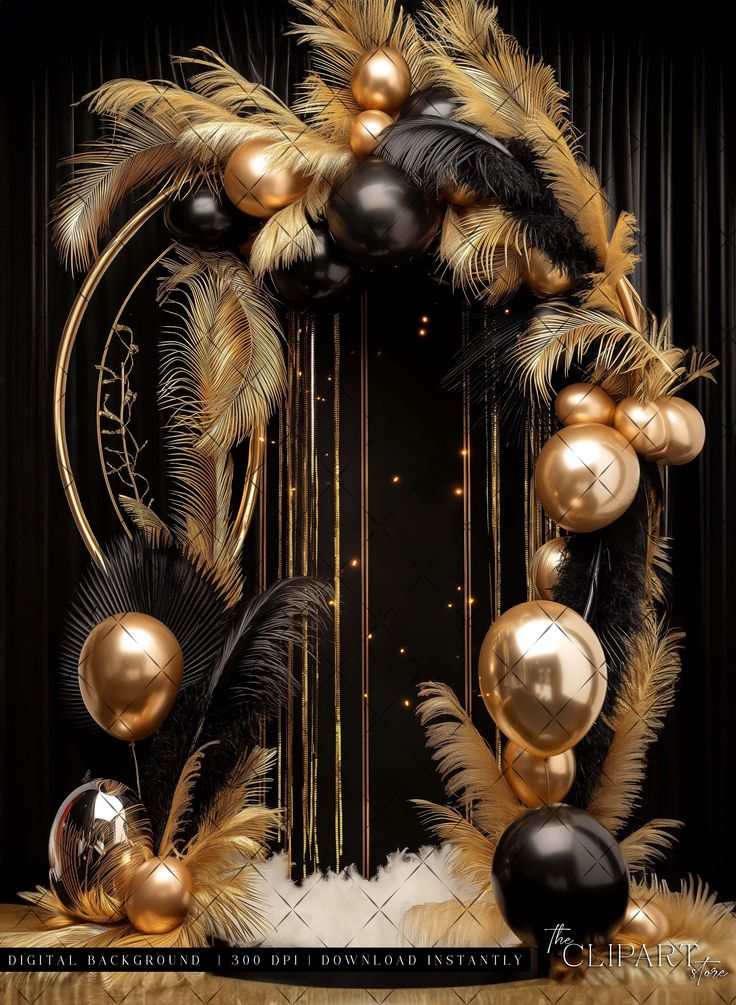 a black and gold christmas wreath with feathers, balls and ornaments on it's sides