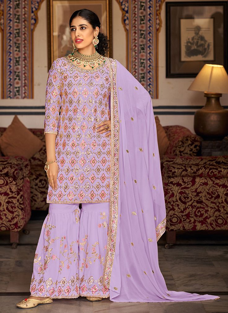 Lavender Sequence Embroidery Traditional Gharara Suit Semi-stitched Purple Georgette Palazzo Set, Festive Purple Palazzo Set With Intricate Embroidery, Festive Purple Embroidered Palazzo Set, Semi-stitched Purple Palazzo Set With Intricate Embroidery, Bollywood Style Purple Palazzo Set With Intricate Embroidery, Bollywood Style Purple Embroidered Palazzo Set, Embroidered Georgette Sharara For Eid, Embroidered Georgette Sharara With Straight Kurta, Semi-stitched Georgette Sharara With Resham Embroidery