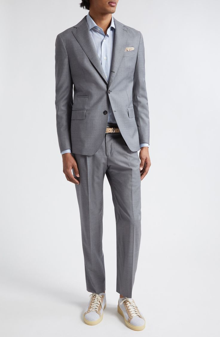 This Italian-crafted suit done in a single-breasted silhouette is tailored from wool and fashioned with notched lapels for a comfortable, polished look. Jacket has three-button closure; notched lapels; chest welt pocket; welt ticket pocket; front flap pockets Trousers have zip fly with button closure; front slant pockets; back welt pockets Partially lined 100% wool Dry clean Made in Italy Designer Clothing Flat Front Suits With Welt Pockets For Business Meetings, Tailored Professional Pantsuit For Semi-formal Occasions, Semi-formal Wool Pantsuit With Welt Pockets, Single Breasted Three-piece Suit For Business Casual, Notch Lapel Suits With Concealed Placket For Business Meetings, Slim Fit Three-piece Suit With Notch Lapel, Single-breasted Three-piece Suit For Business Casual, Semi-formal Custom Fit Single Button Suits, Slim Fit Single Breasted Three-piece Business Suit