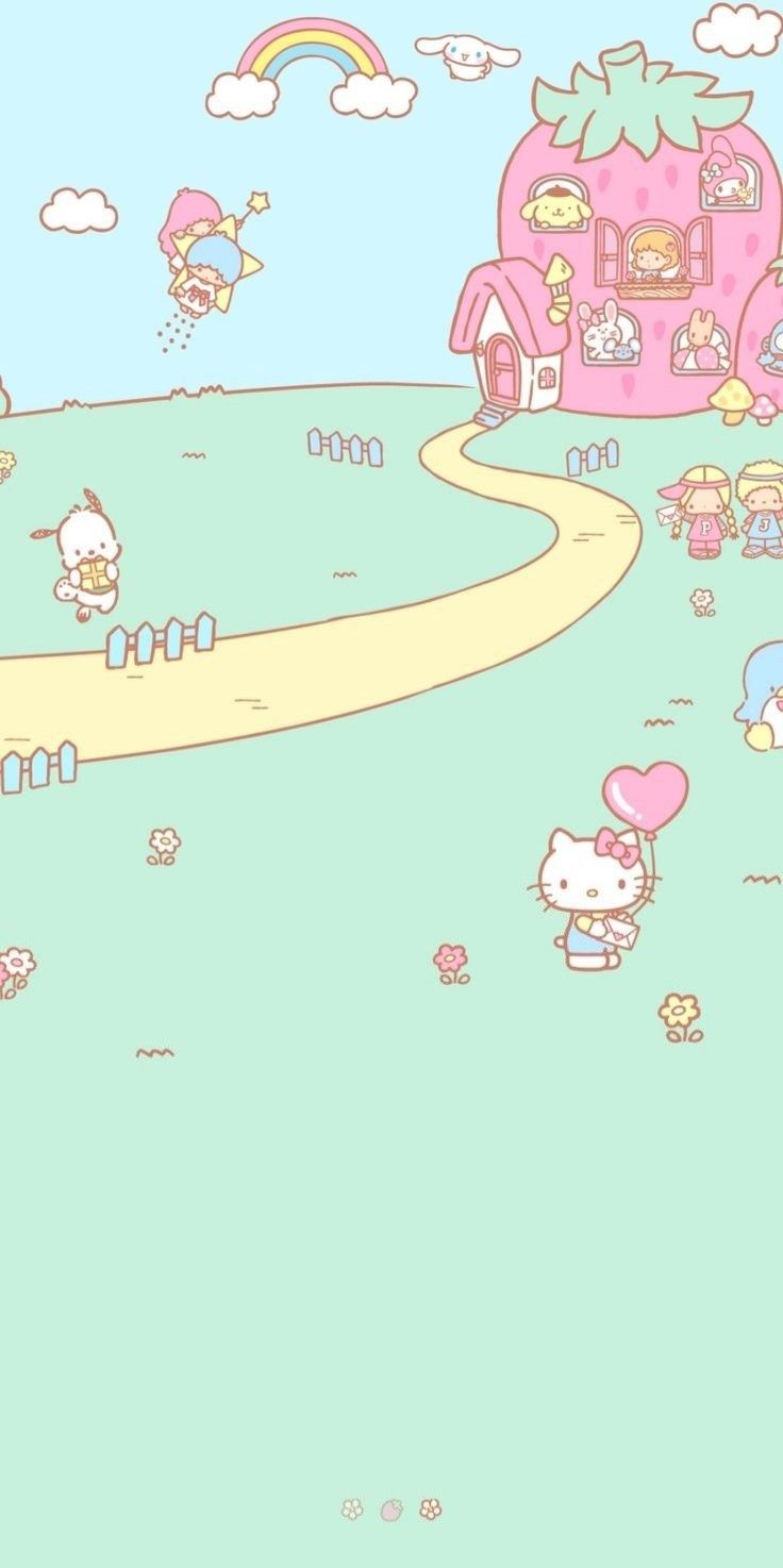 an image of hello kitty in the sky with other animals and houses on it's side