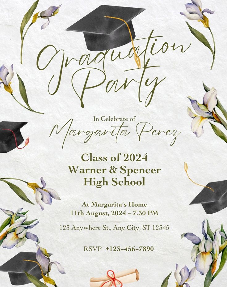 graduation party flyer with flowers and mortar