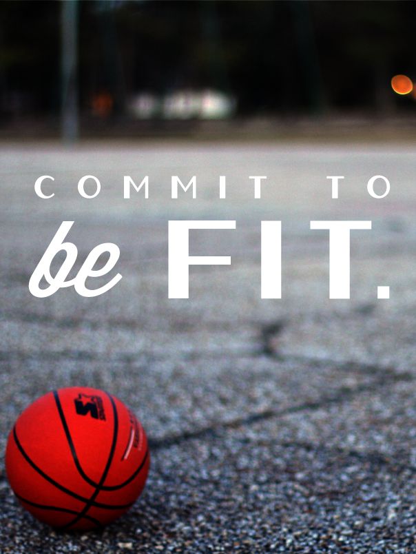 a red basketball sitting on the ground next to an orange ball with words that read, commit to be fit